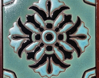 Decorative Hand-Painted Tile. Egyptian Revival, Art Deco ~ Pool Waterline Safe  ~ 6x6 Wax Resist Raised Glaze Finish