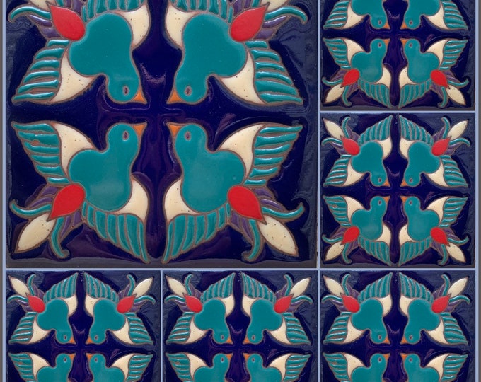 Beautiful Hand-Painted Decorative Craftsman Tile. “Birds" 6x6 Pool Safe Wax Resist Raised Glaze Finish