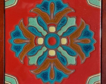 Art Deco Egyptian Revival Hand-Painted 6x6 Tile. ER medallion. Pool Safe Wax Resist Raised Glaze Finish