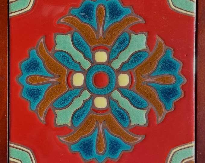 Art Deco Egyptian Revival Hand-Painted 6x6 Tile. ER medallion. Pool Safe Wax Resist Raised Glaze Finish