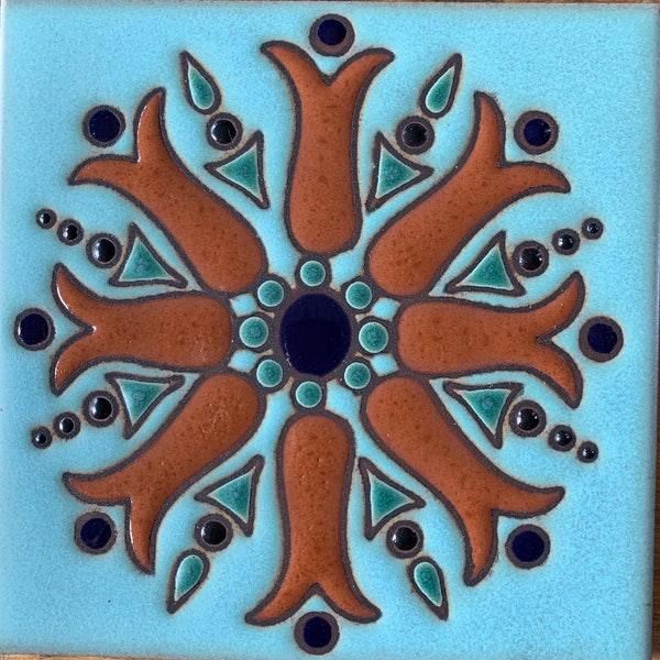 Beautiful Decorative Tiles ~ Hand-Painted ~ Pool Safe. 6x6  “Mandala” Wax Resist Raised Glaze Finish
