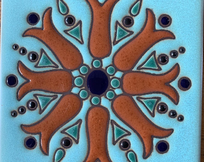 Beautiful Decorative Tiles ~ Hand-Painted ~ Pool Safe. 6x6  “Mandala” Wax Resist Raised Glaze Finish