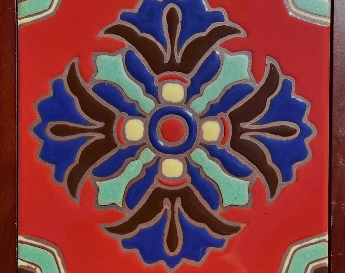 Art Deco Egyptian Revival Hand-Painted 6x6 Tile. Pool Safe Wax Resist Raised Glaze Finish