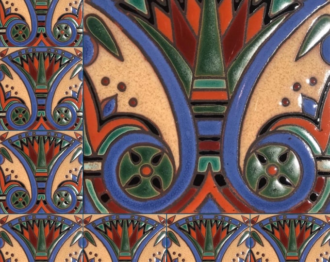 Hand-Painted Egyptian Revival Art Deco Craftsman 6x6 Tiles Wax Resist Raised Glaze Finish