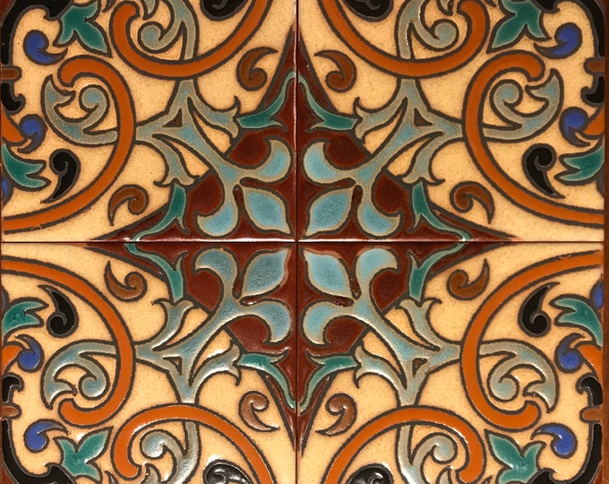 Art Deco, Arts & Crafts Revival Hand-Painted Repeating Pattern 6X6 Craftsman Tiles Suitable For Indoor or Outdoor Installation.