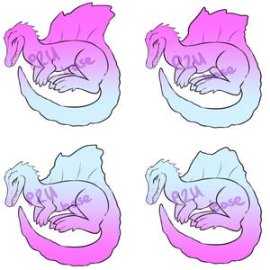 May include: Four digital illustrations of a pink and blue dinosaur with a frill on its back. The dinosaur is curled up in a sleeping position. The illustrations are in different color combinations.