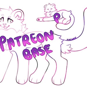 May include: Line art illustration of a cartoon cat with the text "Patreon Base" in a gradient purple and pink color. A smaller cat is also drawn above the main cat. The image is on a white background.