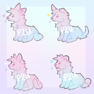May include: Four digital illustrations of pastel-colored cartoon dogs in different poses. Each dog has a pink and blue gradient color scheme and the text "P2U" on its body.