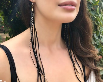 Boucles d’oreilles en plumes noires, boucles d’oreilles en cuir longues, boucles d’oreilles en cuir noir, boucles d’oreilles longues noires, boucles d’oreilles en plumes faites à la main, frange de boucles d’oreilles en cuir