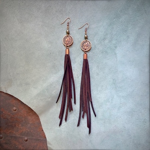 Indianer Pfennig Ohrringe, Leder Fransen Ohrringe, Indianer Kopf Cent, Boho Western Ohrringe, Southwestern Style Lange Ohrringe, Indianer Kopf Penny