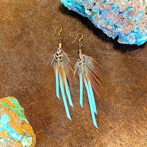 May include: A pair of turquoise and brown feather earrings with gold accents. The earrings are hanging from a brown surface.