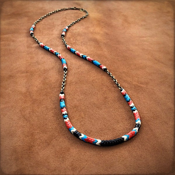 Boholuxe Colorful Beaded Necklace, Bohemian Style Trade Bead Jewelry, Black and White, Red and Blue, Snake Glass Bead and Chain Necklace