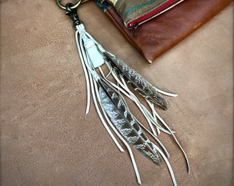 Feather and Leather Accessory Clip, Bohemian Tassel, Boho Festival Handbag, Hippie Feather Fringe, Clip for Keychain, Leather Handbag Tassel