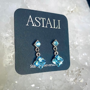 Swiss Blue Topaz Vintage Swarovski Crystal Earring, Art Deco Square Post Earring, Sparkly Fancy Cocktail Earring, Something Blue, Bridesmaid