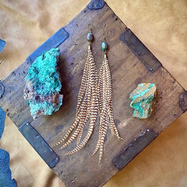 Turquoise Stone and Feather Boho Style Earrings, Real Turquoise, Ginger Honey Brown Natural Color Earring, Extra Long Festival Style Earring