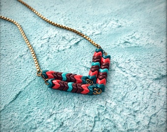 Colorful Chevron Necklace, Turquoise Red Brown Teal, Snake Glass Beads, Boho Vacation Resort Necklace, Bohemian Style Jewelry, Summer Colors