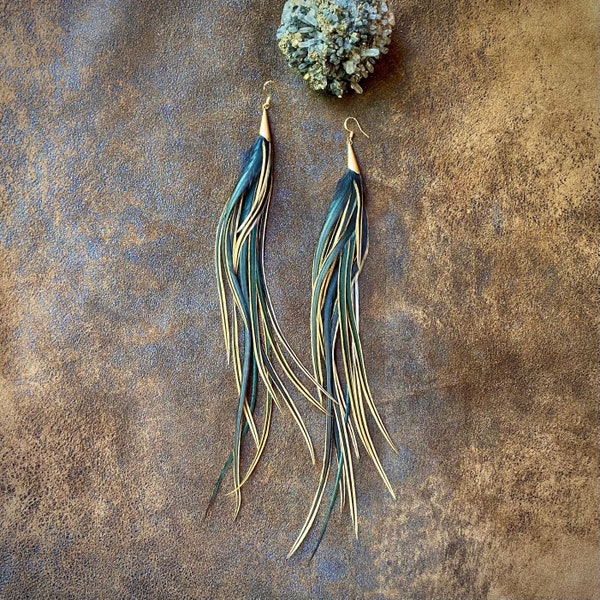 Very Long Black and Gold Feather Earrings, Boho Hippie Style, Lightweight Natural Feather Earrings, Extra Long, Dramatic, Statement Earrings