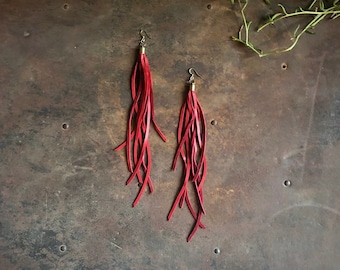 Red Leather Earrings, Leather Tassel Earrings, Red Statement Earrings, Earrings Leather Tassel, Earrings Red Leather, Boho Earring Leather