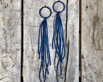 Blue Leather Earring, Leather Fringe Earrings, Boho Earring Leather, Bohemian Long Earrings, Leather Earring Blue, Hoop Tassel Earrings