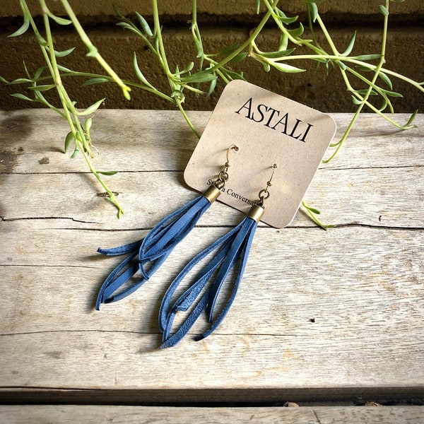 Leather Fringe Earring, Tassel Earring Blue, Leather Dangly Earring, Gift Western, Sustainably-Sourced, Indigo Earrings, Blue Leather Tassel