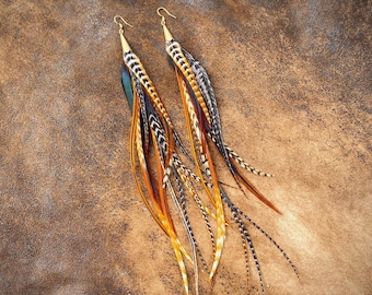 Boho Style Earrings, Real Feathers, Fall Colors, Cree Striped Feather Earrings, Extra Long Tassel Earrings, Natural Brown Gold Cognac Rust