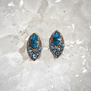 Vintage Marquis Swiss Blue Topaz Swarovski Crystal Earrings, Edwardian Ellipse Post Earrings, Sparkly Blue Cocktail Earrings, Something Blue