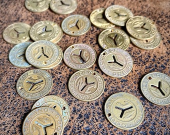 Five (5) NYC Transit Tokens, Dime Size, Y Cut-out with Pre-Drilled Hole, 1950s -1970 New York City Subway Token, Authentic Token, Lot of 5