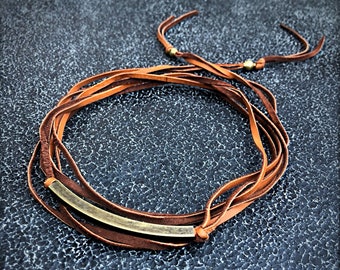 Adjustable Leather Necklace, Leather Lariat, Back Necklace, Leather Tan, Boho Bracelet Wrap, Necklace Double Wrap,Southwestern Style Jewelry