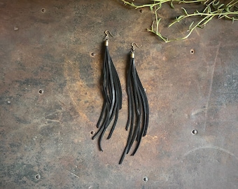 Black Leather Earrings, Long Black Earrings, Black Leather Fringe, Witchy Earrings, Black Tassel Earring, Biker Babe, Punk Rock Earrings