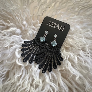 Swiss Blue Topaz Swarovski Crystal Art Deco Earring, Art Nouveau Gothic Victorian Steampunk Black Venice Lace Sparkly Fancy Cocktail Earring