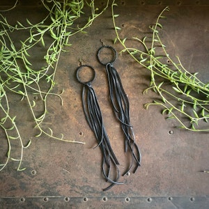 Extra Long Black Goth Statement Earrings, Leather Tassel Fringe Large Hoop Earrings, Witchy Gothic Punk Rocker Biker Metalhead Black Earring