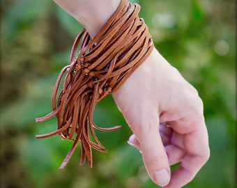 Wide Leather Cuff, Tan Leather Bracelet, Luxe Jewelry, Leather Tan, Leather Fringe Tassel, Tan Leather Cuff, Multi Strand Leather Bracelet