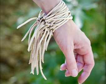 Leather Bracelet Boho, Bracelet Cream, Boho Leather Bracelet, Distressed Leather Cuff, Fringe Cuff, Bohemian Leather Bracelet, Cream Cuff