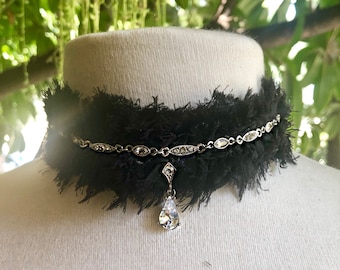 Victorian Steampunk Distressed Black Ribbon Choker, Sparkly Teardrop Swarovski Crystal Statement Necklace, Gothic Masquerade Ball Choker