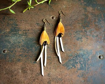 Little Tassel Feather Earrings, Mini Feather Earrings Gold, Feather Small, Short Tassel Earring, Small Leather Earring, Pheasant Earrings