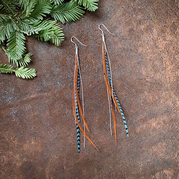 Turquoise & Burnt Orange Feather Earrings, Real Feather Trendy Boho Western Earrings, Sustainably Sourced Statement Earrings, Resort Season