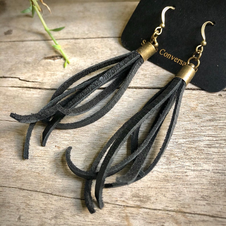 Biker Babe Black Dangle Earring Goth Leather Small Leather Earring Fringe Earring Tassel Black Tassel Earring Jet Black Earring