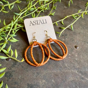 Rust Cat Eye Shape Earrings, Burnt Orange Leather Hoop Earrings, Saddletan Round Earrings, Cowgirl Earrings, Deerskin Leather Wrapped Hoops image 2