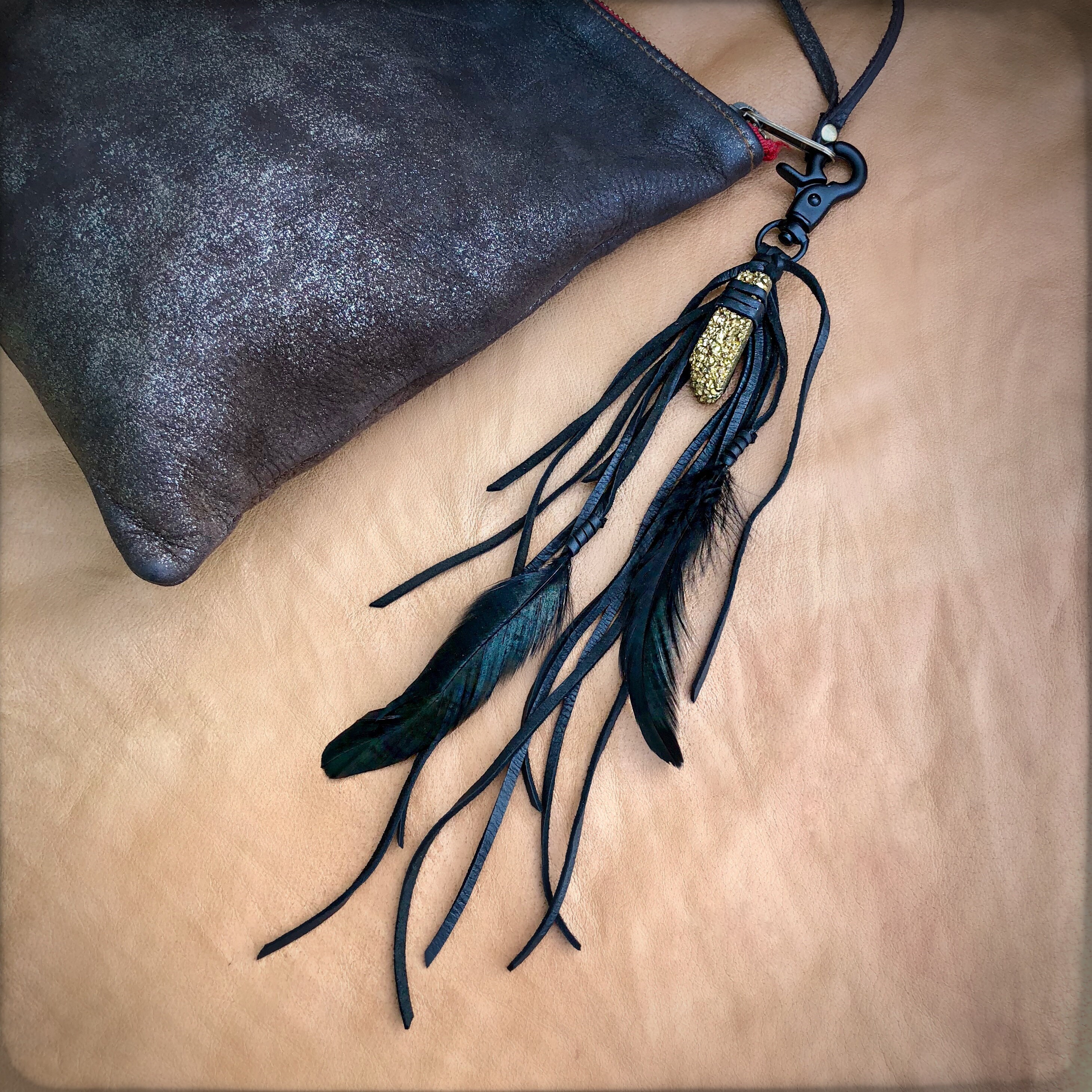 Handmade leather feather bag charm — hedgecomber’s handmade
