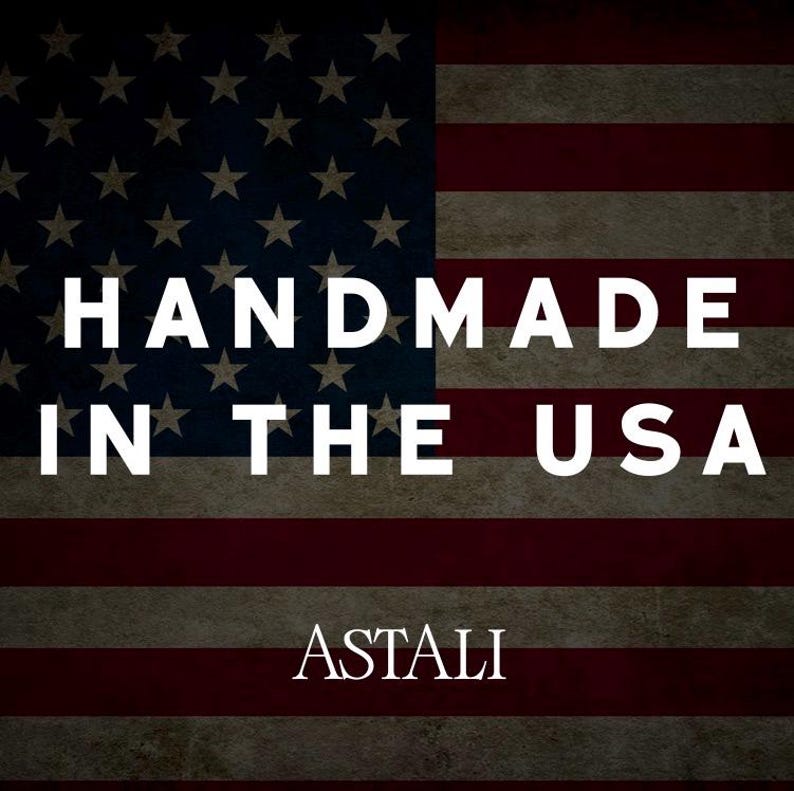 May include: Image featuring the American flag as a backdrop with the words "HANDMADE IN THE USA" in bold white letters. The brand name "ASTALI" is displayed below the text.