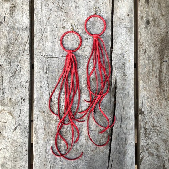 Red Leather Earring, Boho Tassel Earring, Large Statement Earring, Hoops Bohemian, Red Statement Earring, Earring Red Leather, Deer Leather