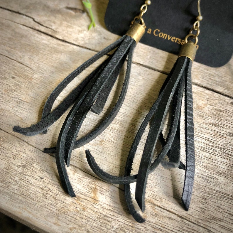Biker Babe Black Dangle Earring Goth Leather Small Leather Earring Fringe Earring Tassel Black Tassel Earring Jet Black Earring