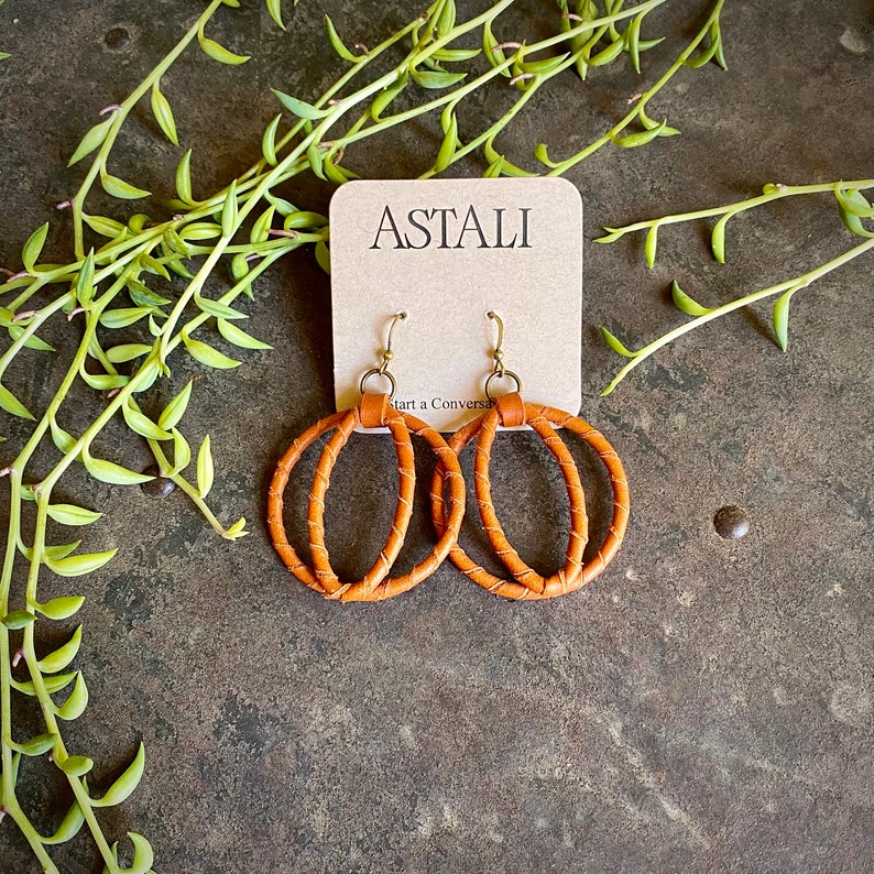 Rust Cat Eye Shape Earrings, Burnt Orange Leather Hoop Earrings, Saddletan Round Earrings, Cowgirl Earrings, Deerskin Leather Wrapped Hoops image 6