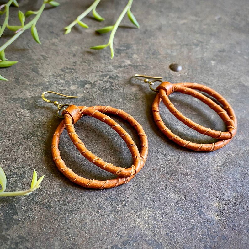 Rust Cat Eye Shape Earrings, Burnt Orange Leather Hoop Earrings, Saddletan Round Earrings, Cowgirl Earrings, Deerskin Leather Wrapped Hoops image 3