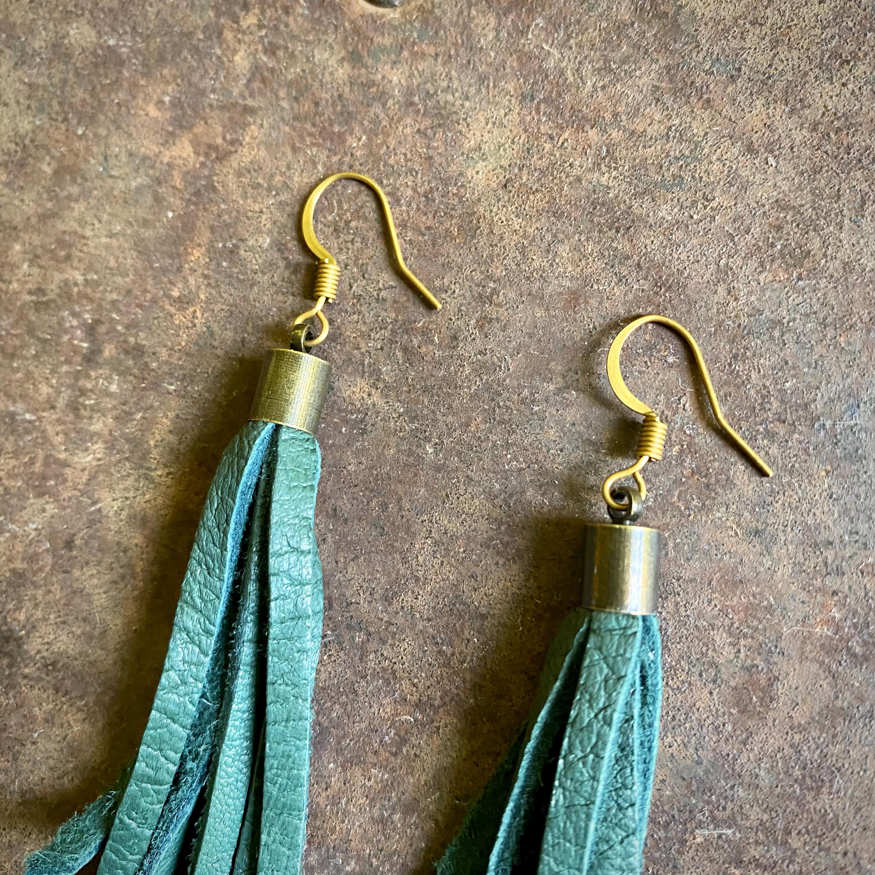 Hunter Green Fringe Tassel Handmade earrings Hunter Green and Silver Leather Tassel Earrings, Short  main image 3