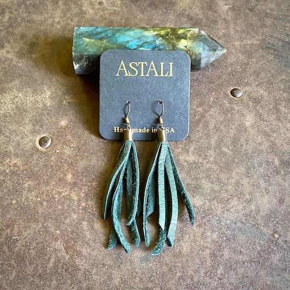 Hunter Green Fringe Tassel Handmade earrings Hunter Green Leather Tassel Earrings, Short Dangly Leather  main image 3