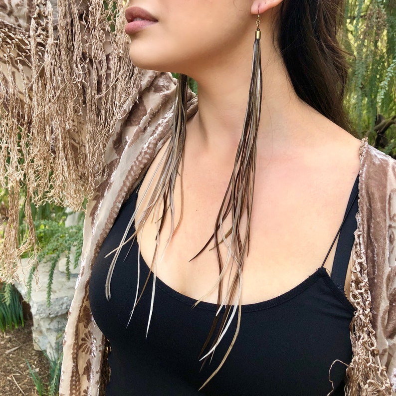 Handmade Boho Earrings Brown Feather Earrings Neutral Earrings Feather Ears Taupe Earrings Bohemian Feather Earrings Neutral Wedding