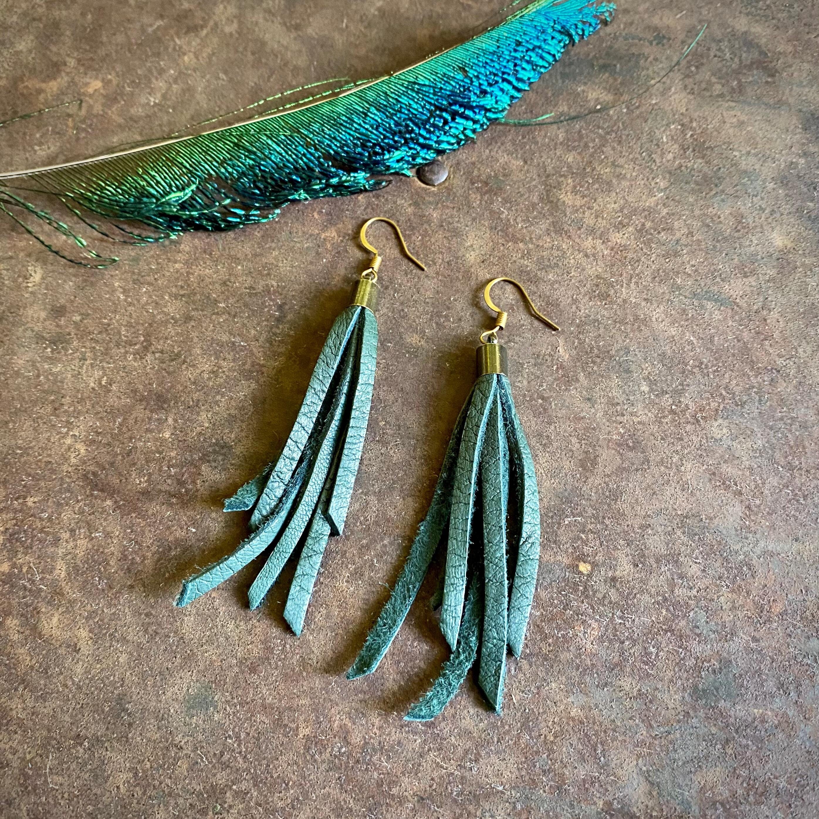 Hunter Green Leather Tassel Earrings, Short Dangly Leather 
