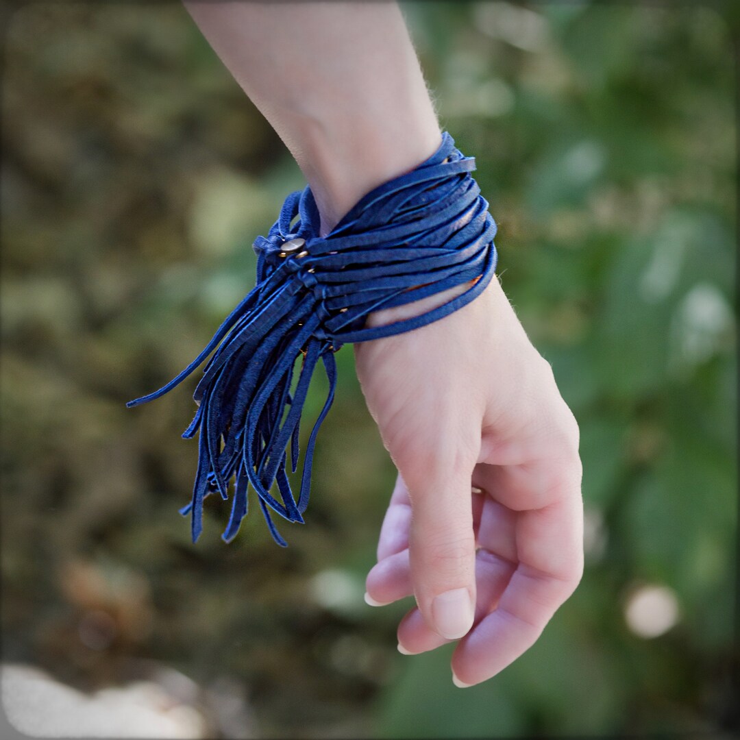 Multi Strand Leather Bracelet Blue Fringe Boho Cuff Etsy