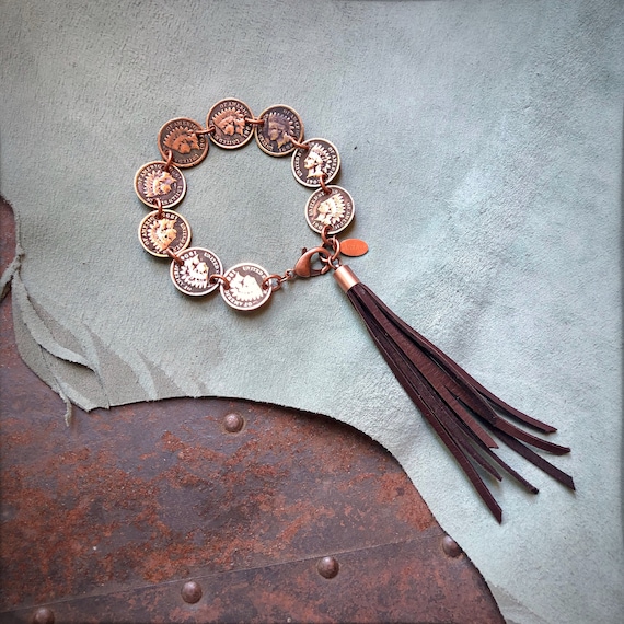 Western Bracelet, Indian Head Penny, Southwest Bracelet, Indian Head Cent, Jewelry Western, Fringe Bracelet, Bracelet Coins, Penny Bracelet
